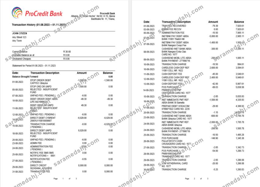 Albania ProCreditBank bank statement Word and PDF template, 3 pages